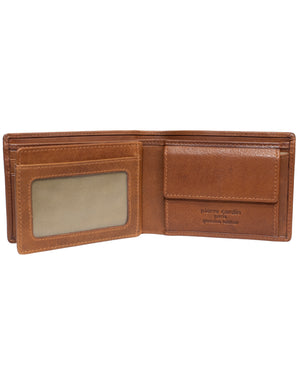 The Pierre Cardin Wallet is open, displaying a transparent ID card slot on the left and a coin pocket on the right. The interior, skillfully stitched with matching brown thread and adorned with the embossed brand name "Pierre Cardin" on the right side, also includes RFID protection for enhanced security.