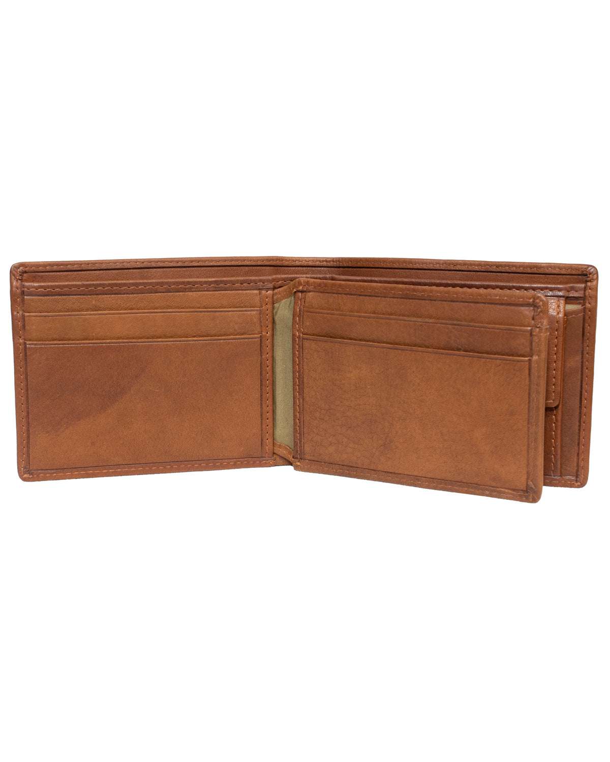 A Pierre Cardin Wallet is open, showcasing its brown bifold design with several card slots and a clear ID window. The genuine leather wallet features a smooth texture, RFID protection, and appears empty.