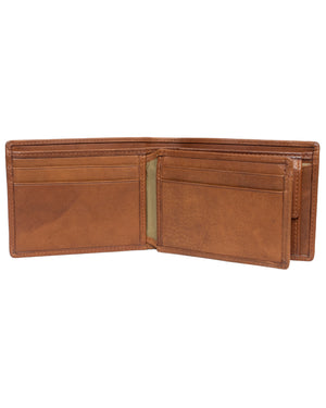 A Pierre Cardin Wallet is open, showcasing its brown bifold design with several card slots and a clear ID window. The genuine leather wallet features a smooth texture, RFID protection, and appears empty.