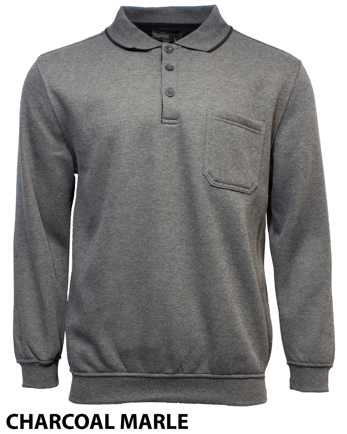 The Pilgrim 3 Button Fleece Top is a long-sleeve polo shirt in a charcoal marle color, featuring a collared neckline, a 3-button placket, and a chest pocket. The fabric is soft and warm, reminiscent of cozy fleece, making it ideal for casual wear. The text "CHARCOAL MARLE" appears at the bottom of the image.