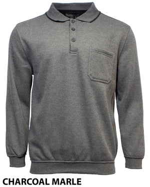 The Pilgrim 3 Button Fleece Top is a long-sleeve polo shirt in a charcoal marle color, featuring a collared neckline, a 3-button placket, and a chest pocket. The fabric is soft and warm, reminiscent of cozy fleece, making it ideal for casual wear. The text "CHARCOAL MARLE" appears at the bottom of the image.