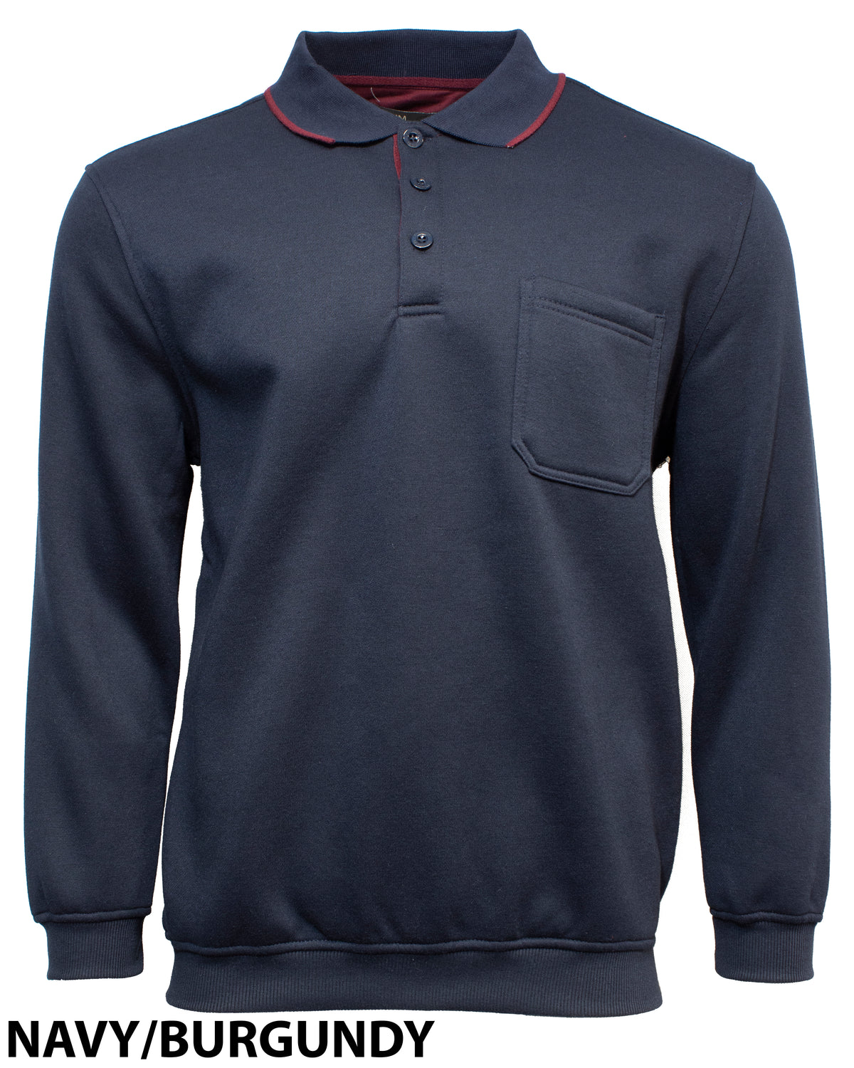 The Pilgrim 3 Button Fleece Top is a long-sleeved polo shirt in navy blue with a burgundy trim on the collar. It features a front chest pocket and a three-button placket, embodying the classic Pilgrim style. The text "NAVY/BURGUNDY" is displayed at the bottom of the image.
