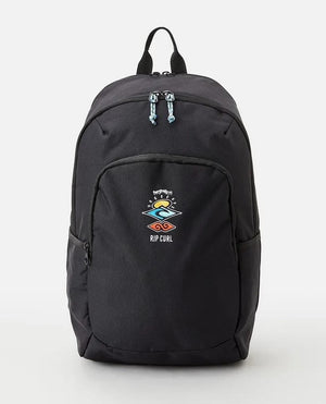 The Rip Curl Ozone 30L Icons Eco Backpack, made from recycled plastic, features a colorful logo on the front pocket, a laptop section, a front zipper pocket, two side pockets, and blue zipper pulls on the main compartment. The background is plain white.