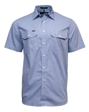 The Ritemate Pilbara Short Sleeve Check Double Pocket Shirt boasts a blue checkered pattern and features two front chest pockets, each with button closures. It is designed with a collar and white buttons down the front. Crafted from 100% cotton, this lightweight and casual shirt is perfect for warm weather comfort.