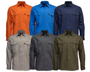 Six Ritemate RMX Flexible Fit Utility Shirts in orange, blue, navy, beige, gray, and olive are shown in two rows against a white background. Each shirt features chest pockets and a classic collared design.