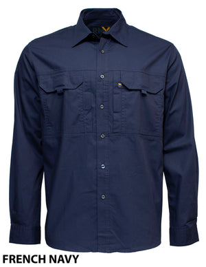 The Ritemate RMX Flexible Fit Utility Shirt is a long-sleeve, button-up work shirt in durable Ripstop Cotton French navy blue, with two chest pockets and a collared neckline. "FRENCH NAVY" is shown in bold black at the bottom left corner.