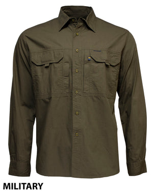 The Ritemate RMX Flexible Fit Utility Shirt is a long-sleeve, olive green work shirt with durable ripstop cotton and two front chest pockets, shown on a white background with "MILITARY" in bold at the bottom left.