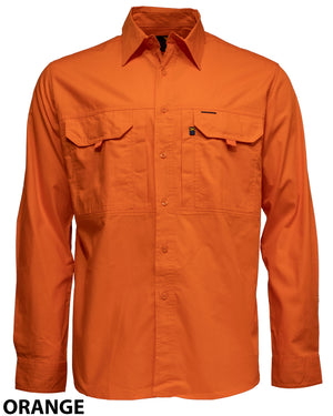 Bright orange Ritemate RMX Flexible Fit Utility Shirt, long-sleeve button-up with two chest pockets and a collar, made from durable Ripstop Cotton. Shown on a plain white background with "ORANGE" in black text at the lower left.