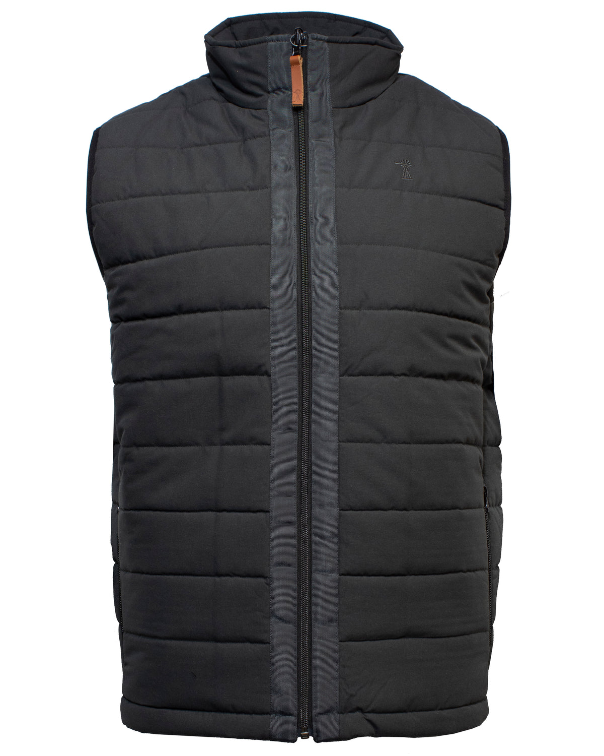 A front view of the black Ritemate Pilbara Reversible Vest. This comfortable vest features a high collar, a front zipper closure with a leather pull tab, and horizontal quilted stitching. It has a sleek, plain design without visible branding or additional embellishments.