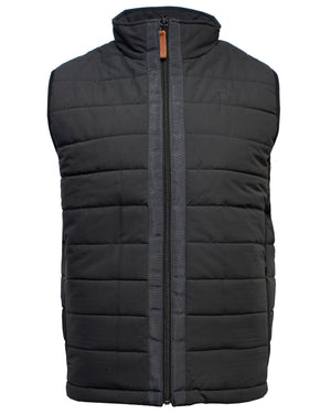 A front view of the black Ritemate Pilbara Reversible Vest. This comfortable vest features a high collar, a front zipper closure with a leather pull tab, and horizontal quilted stitching. It has a sleek, plain design without visible branding or additional embellishments.