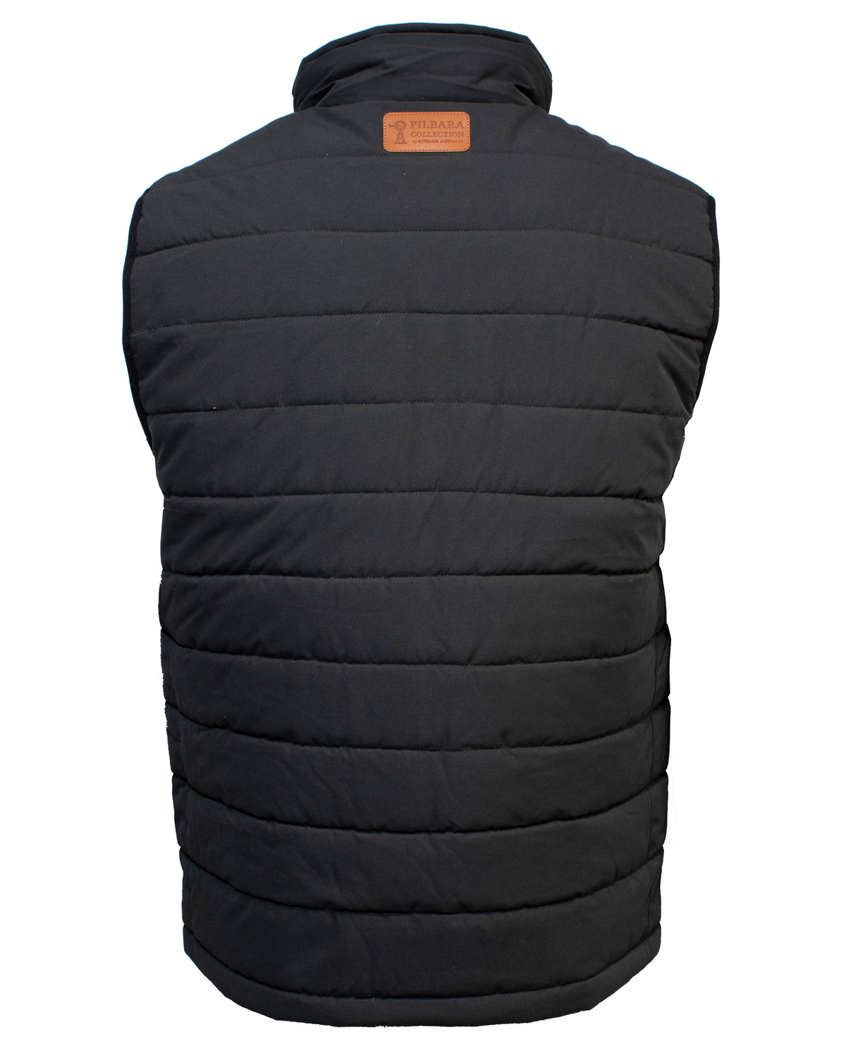 A black Ritemate Pilbara Reversible Vest with horizontal stitching is shown from the back. It features a high collar and a small brown leather patch at the top center, embossed with a logo and text. This comfortable vest appears to be quilted and padded for warmth, making it perfect for chilly days.