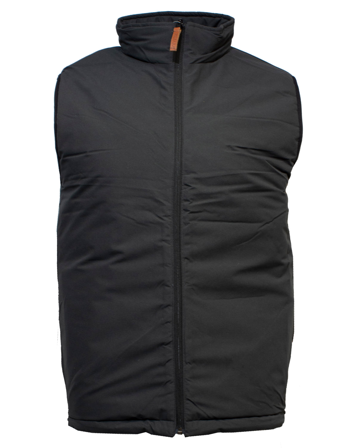 The Ritemate Pilbara Reversible Vest is a sleeveless black puffer with a standing collar, featuring a front zipper closure that extends up to the collar. The quilted material provides insulation and warmth. With a small brown tab on the zipper pull, this comfortable vest is perfect for chilly days.