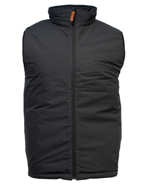 The Ritemate Pilbara Reversible Vest is a sleeveless black puffer with a standing collar, featuring a front zipper closure that extends up to the collar. The quilted material provides insulation and warmth. With a small brown tab on the zipper pull, this comfortable vest is perfect for chilly days.