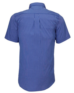 A short-sleeve Ritemate Pilbara Short Sleeve Check Double Pocket Shirt is shown from the back in a blue and white checkered pattern. Made from 100% cotton, this hard-wearing work shirt features a collar and a yoke with a pleat in the center.