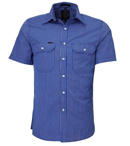 The Ritemate Pilbara Short Sleeve Check Double Pocket Shirt, crafted from 100% cotton with a small white checkered pattern, features two chest pockets with button flaps and a collar. This hard-wearing work shirt combines casual style with durability, making it suitable for various occasions.