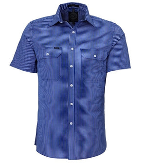 The Ritemate Pilbara Short Sleeve Check Double Pocket Shirt, crafted from 100% cotton with a small white checkered pattern, features two chest pockets with button flaps and a collar. This hard-wearing work shirt combines casual style with durability, making it suitable for various occasions.