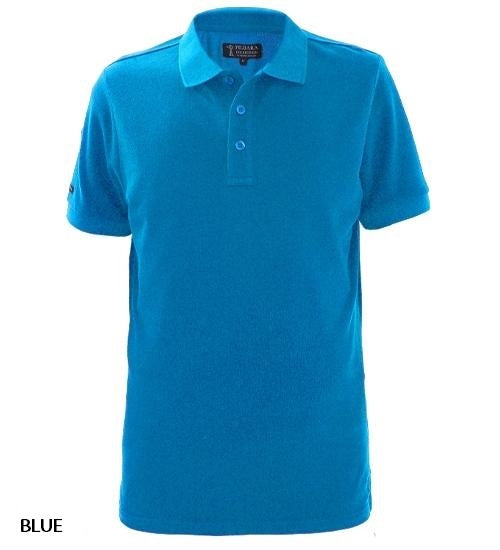 The Pilbara Classic Polo is a plain blue, short-sleeved shirt made from 100% cotton, featuring a collared neckline with three buttons, shown on a white background.