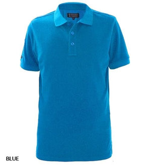 The Pilbara Classic Polo is a plain blue, short-sleeved shirt made from 100% cotton, featuring a collared neckline with three buttons, shown on a white background.