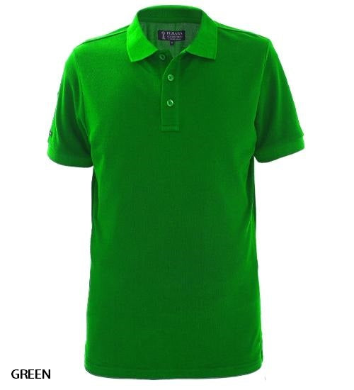 A plain, bright green Pilbara Classic Polo with short sleeves, a collar, and three buttons. Made from 100% cotton, it’s displayed on a white background with "GREEN" in small text at the bottom left.