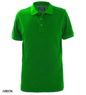 A plain, bright green Pilbara Classic Polo with short sleeves, a collar, and three buttons. Made from 100% cotton, it’s displayed on a white background with "GREEN" in small text at the bottom left.