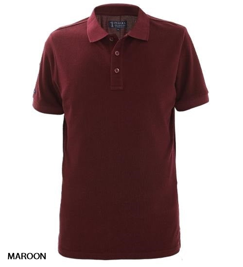 A plain maroon Pilbara Classic Polo, short-sleeved and made from 100% cotton, features a collar and three buttons down the front. Displayed on a white background with "MAROON" in black text at the lower left corner.
