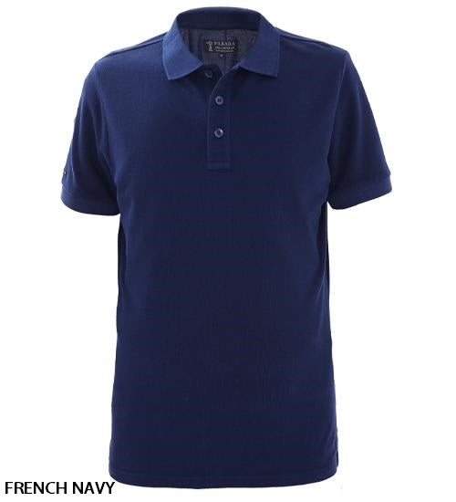 The Pilbara Classic Polo is a short-sleeve, French navy blue polo with a collar, three front buttons, and made from 100% cotton for all-day comfort.