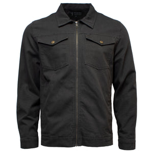 The Ritemate Pilbara Jacket is a black, comfortable outerwear piece featuring a front zipper and long sleeves. It includes two chest pockets with buttoned flaps, a collar, and boasts a casual, minimalist design with a slightly fitted silhouette.