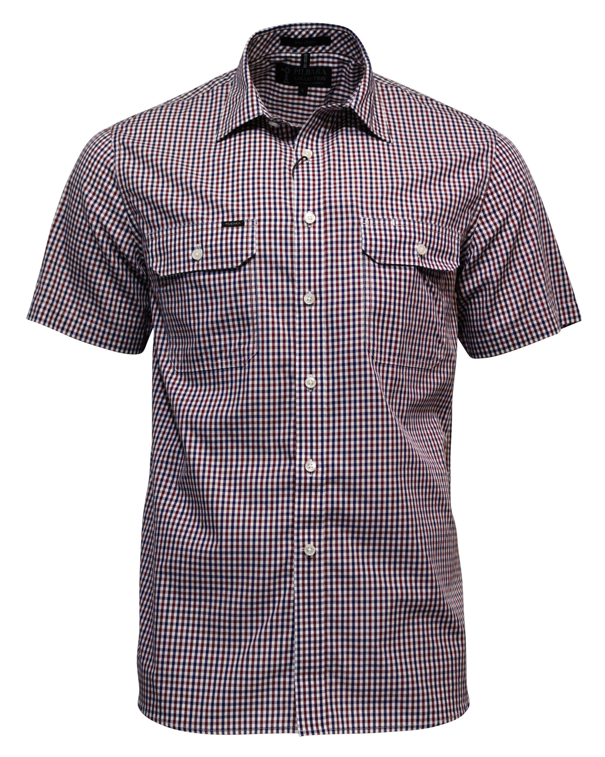 The Pilbara Short Sleeve Check Double Pocket Shirt, featuring red, blue, and white checkered button-up design, is tailored for Australian work conditions with two button-closure chest pockets and a durable cotton finish. Displayed against a white background.