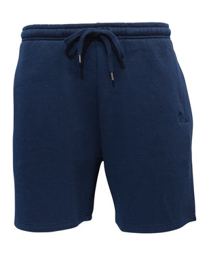 Front view of Pilbara Fleece Track Short in navy, featuring an elastic waist and drawstring. The fabric looks soft and comfortable, ideal for any adventure.