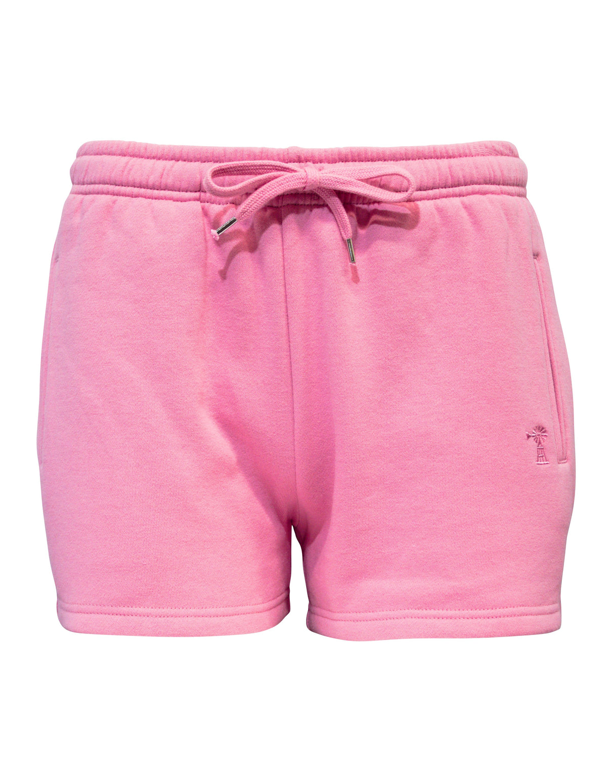 Pilbara Ladies Fleece Track Shorts in pink featuring an elastic waist, drawstring, side pockets, and a small embroidered Ritemate Pilbara logo on the left.