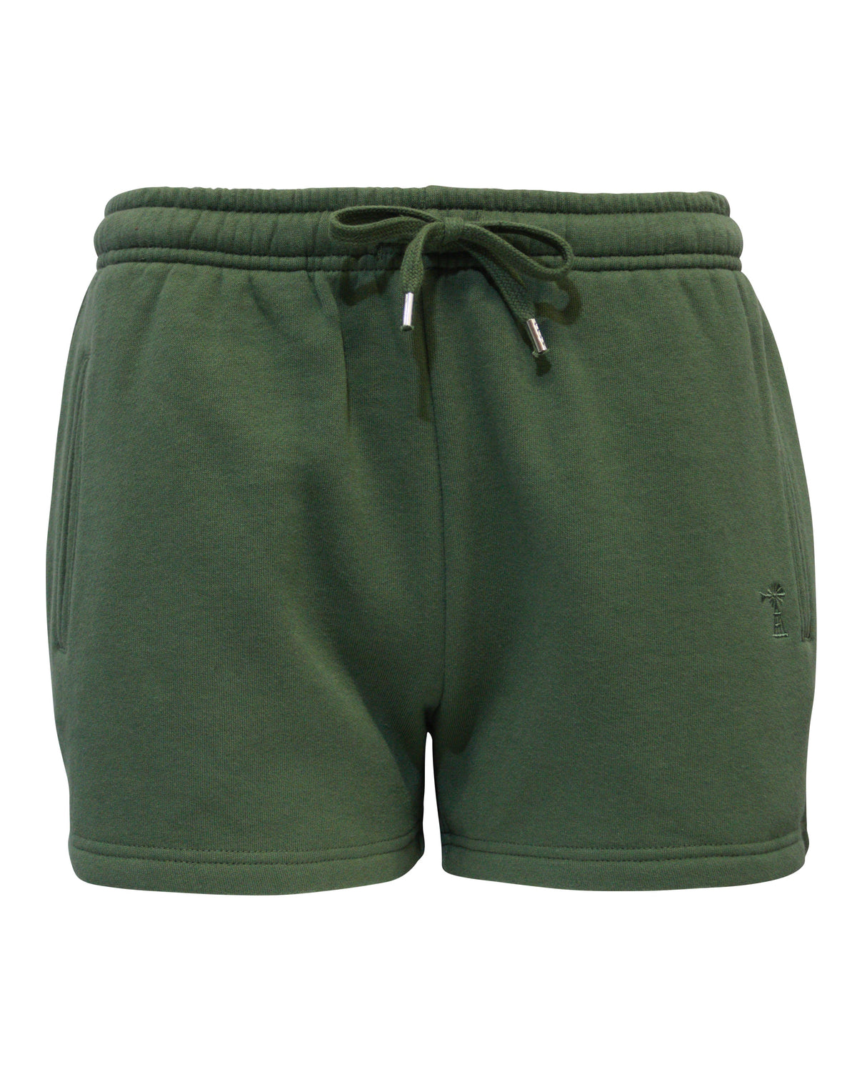 These Pilbara Ladies Fleece Track Shorts, in olive green, feature an elastic drawstring waist for comfort and have the Ritemate Pilbara logo embroidered on one leg. With side pockets and soft fabric, they're perfect for casual or active days.