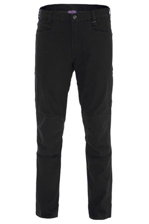 The Ritemate RMX Flexible Fit Utility Trouser is a black straight-leg pant made from stretch cotton twill, with utility pockets, button and zip closure, and stitched knee details, shown on a white background.
