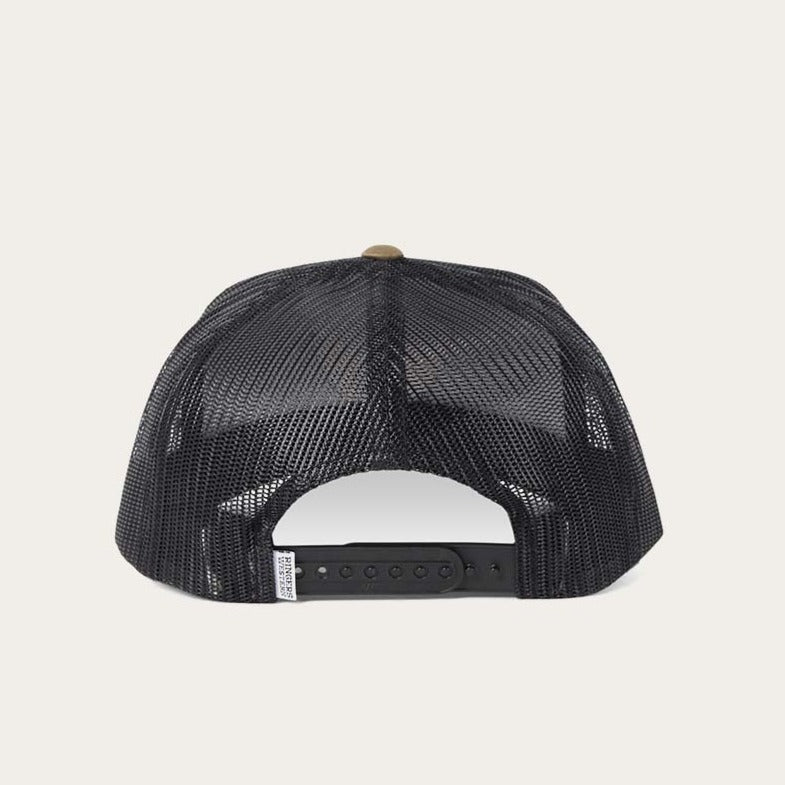 The Ringers Western Marlin Trucker hat, featuring a stylish black mesh back and an adjustable strap for a perfect fit, is showcased against a light background.