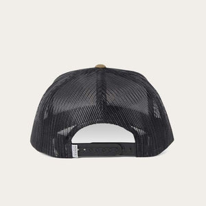 The Ringers Western Marlin Trucker hat, featuring a stylish black mesh back and an adjustable strap for a perfect fit, is showcased against a light background.