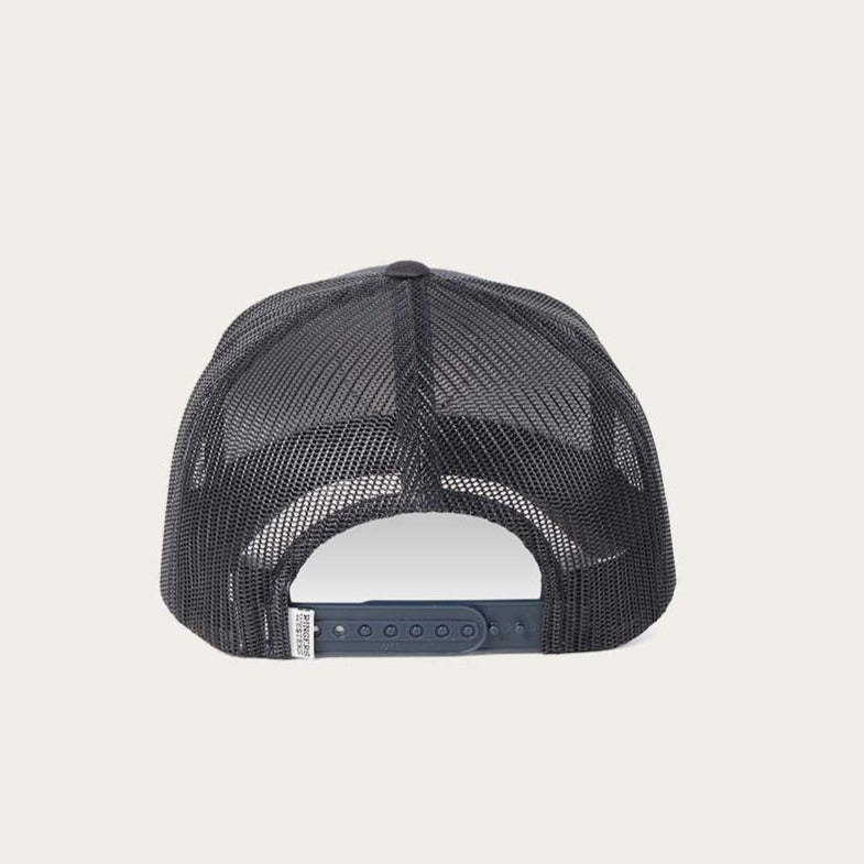 The Ringers Western Marlin Trucker hat features a classic design with a black mesh back and an adjustable plastic snap closure. It has a curved brim and offers breathable comfort with its lightweight, airy mesh crown.