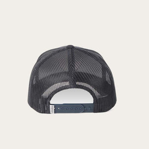 The Ringers Western Marlin Trucker hat features a classic design with a black mesh back and an adjustable plastic snap closure. It has a curved brim and offers breathable comfort with its lightweight, airy mesh crown.