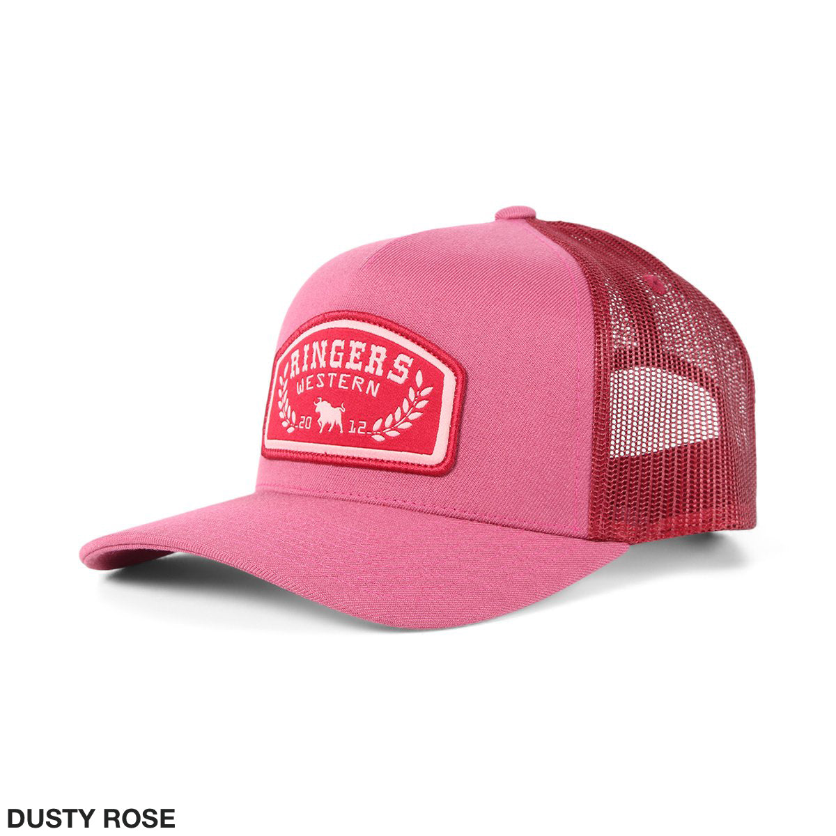 The Ringers Western Wheatbelt Wool Trucker Cap boasts a pink front with a red and white patch, complemented by a breathable mesh back. "DUSTY ROSE" decorates the bottom corner, combining style and function.