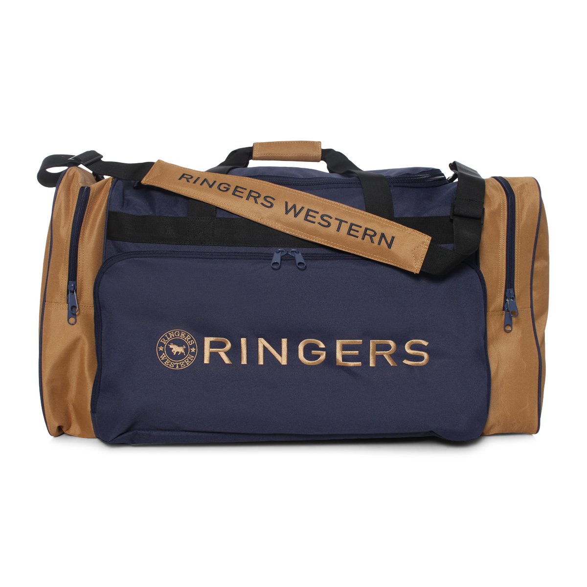 A blue and tan Ringers Western Coolabah Sports Bag with "Ringers Western" embroidered on the front in tan thread. It includes a main compartment, multiple large zippered compartments, side pockets, and a shoulder strap with the brand name.