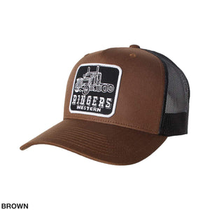 The Ringers Western Long Haul Trucker Cap has a brown color scheme, a mesh back, and an adjustable strap. It features a front patch with an illustration of a truck and the text "Ringers Western" against a plain white background.