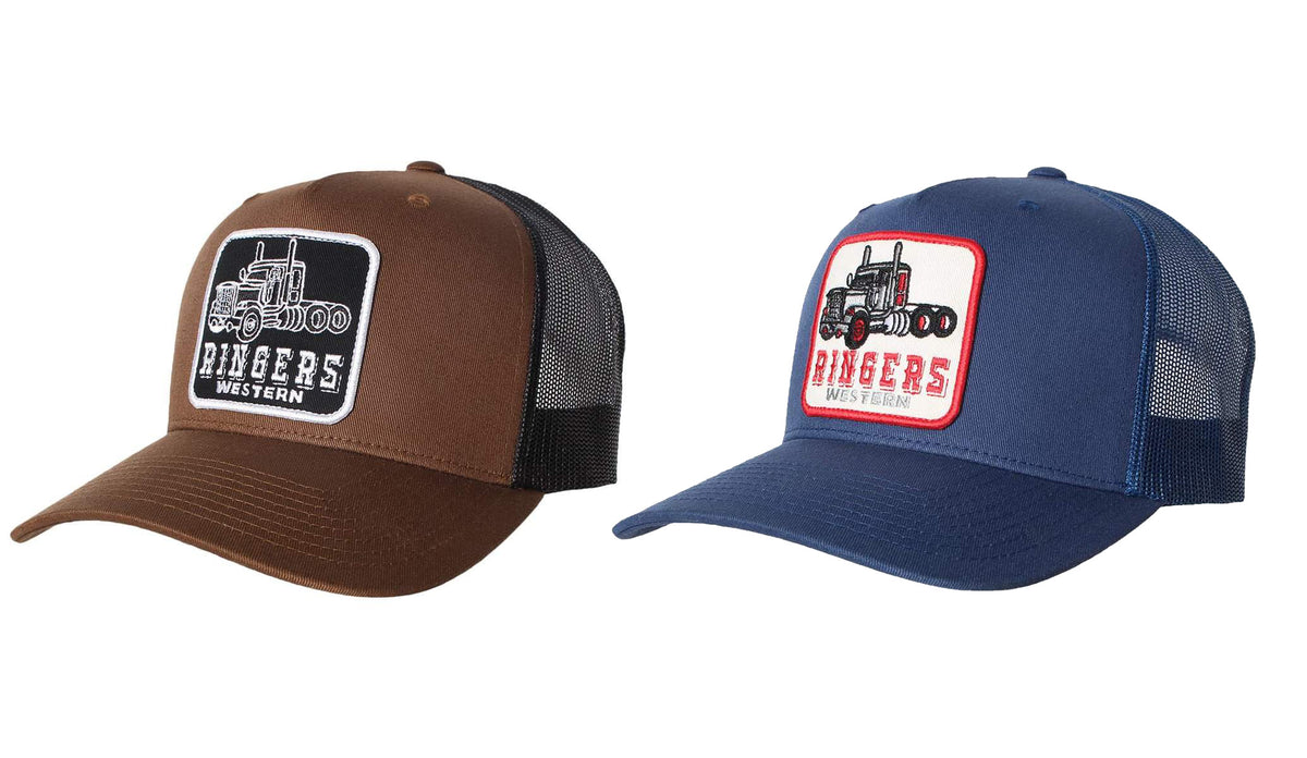 Two Ringers Western Long Haul Trucker Caps side by side. One hat is brown with a black mesh back, and the other is blue with a black mesh back. Both hats feature a front patch with an embroidered tractor and the text "RINGERS WESTERN," plus an adjustable strap for the perfect fit—meet your new favorite trucker cap.