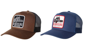 Two Ringers Western Long Haul Trucker Caps side by side. One hat is brown with a black mesh back, and the other is blue with a black mesh back. Both hats feature a front patch with an embroidered tractor and the text "RINGERS WESTERN," plus an adjustable strap for the perfect fit—meet your new favorite trucker cap.