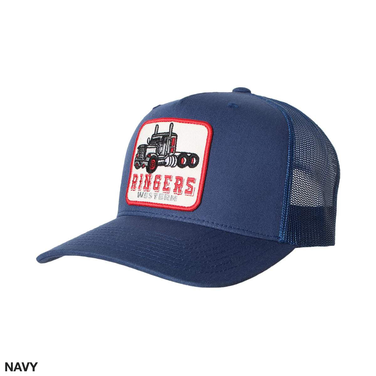 The Ringers Western Long Haul Trucker Cap is navy blue with a mesh back. The front of the cap showcases a red and white patch featuring an image of a truck and the text "Ringers Western." It also includes an adjustable strap for a perfect fit.