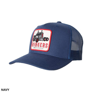 The Ringers Western Long Haul Trucker Cap is navy blue with a mesh back. The front of the cap showcases a red and white patch featuring an image of a truck and the text "Ringers Western." It also includes an adjustable strap for a perfect fit.