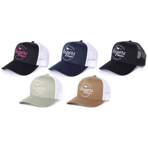 Five Ringers Western Boundary Trucker Caps are displayed in two rows. The top row features three colors: black, navy blue, and black with a white mesh back. The bottom row shows two hats: olive green and brown. Each hat has "Ringers Trails" text on the front panel, showcasing Ringers Western's signature style.