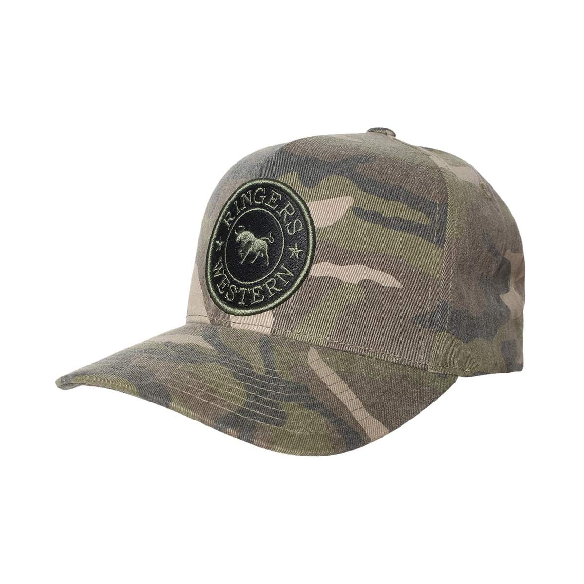 The Ringers Western Grover Canvas Baseball Cap features a camouflage design and adjustable strap, highlighted by a circular black patch on the front with a white horse outline encircled by the "Ringers Western" text.