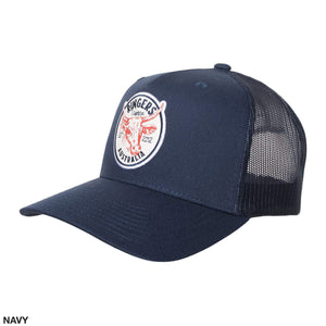 The Ringers Western Scrubba Trucker Cap in navy features a white front panel adorned with a red graphic of a bull's head and the text "Ringers Western" and "Australia" arranged in a circular design. The back of the cap is crafted from black mesh material and includes an adjustable strap for the perfect fit.