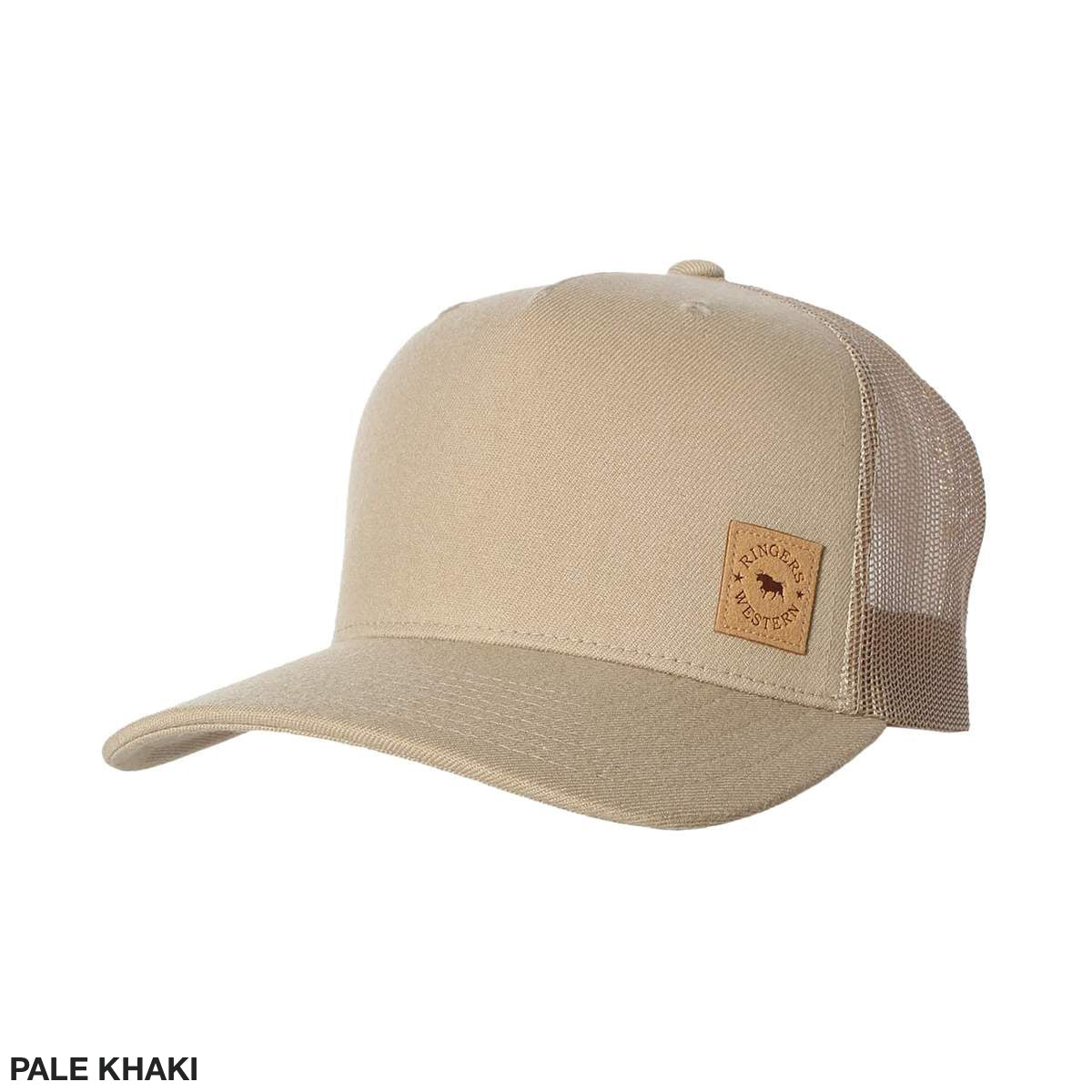 The Ringers Western Patch Trucker Cap is a pale khaki cap featuring a mesh back and a curved brim. The front displays a leather patch with a small logo, complemented by text reading "PALE KHAKI" in the bottom left corner. An adjustable strap ensures the perfect fit, bringing iconic Ringers Western style to your wardrobe.