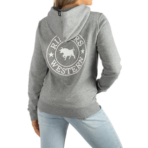 A person wearing light blue jeans and a gray Ringers Western Womens Signature Bull Hoodie that has a logo with a white bull and the text "Ringers Western" on the back. The casual, comfortable cotton hoodie features a hood, and the person's hands are partially visible at their sides. The background is plain white.