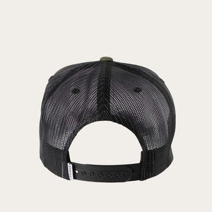 The image showcases the back view of a Ringers Western Garage Trucker baseball cap in black, set against a plain light background. The cap highlights a mesh back and includes an adjustable strap with multiple adjustment holes for customizable sizing.