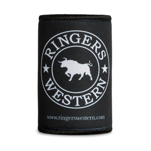 The Ringers Western Signature Bull Stubby features a sleek black design with the iconic logo in white. A bull silhouette within a circular emblem is flanked by stars, surrounded by the text "Ringers Western," and the website "www.ringerswestern.com" is at the bottom.